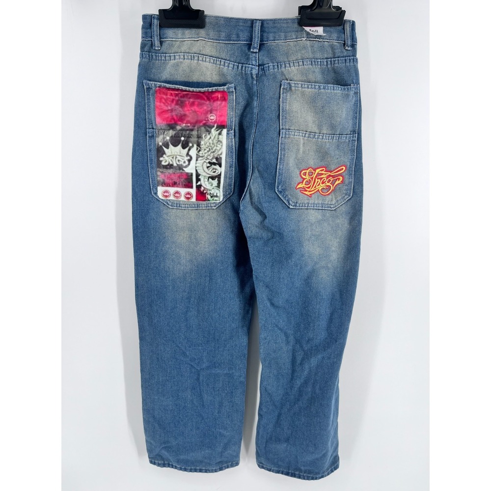 Y2K Fell JNCO Style Baggy Wide Leg Jeans Embroidered Denim Streetwear size L 30W